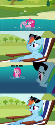 Size: 1280x2880 | Tagged: safe, artist:dtkraus, derpibooru import, edit, screencap, pinkie pie, rainbow dash, sea pony, too many pinkie pies, beach chair, comic, seaponified, seapony pinkie pie, shoo be doo, species swap, sunglasses