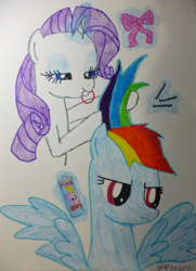 Size: 971x1344 | Tagged: safe, artist:pinkdashrariderpaloo, rainbow dash, rarity, pegasus, pony, unicorn, grooming, makeover, styling, traditional art