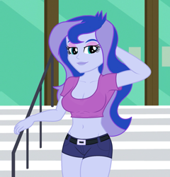 Size: 960x1000 | Tagged: safe, edit, edited screencap, editor:ah96, screencap, princess luna, vice principal luna, equestria girls, friendship games, belly button, breast edit, breasts, cleavage, clothes, cropped, female, hand on head, looking at you, midriff, princess balloona, sexy, short shirt, shorts, solo, stupid sexy princess luna, thighs