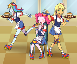 Size: 1200x1000 | Tagged: safe, artist:kona1025, derpibooru import, applejack, pinkie pie, rainbow dash, equestria girls, burger, clothes, food, idolmaster, knee pads, pixiv, roller skates, uniform, waitress