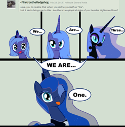 Size: 1717x1739 | Tagged: safe, artist:ardonsword, nightmare moon, princess luna, alicorn, pony, ask, cute, female, filly, lunar trinity, mare, multeity, one eye closed, s1 luna, tongue out, tumblr, wink, woona, younger