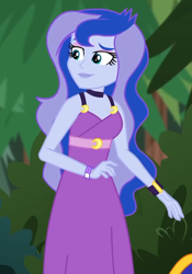 Size: 694x990 | Tagged: safe, screencap, princess luna, vice principal luna, better together, choose your own ending, equestria girls, the road less scheduled, the road less scheduled: celestia, bracelet, clothes, cropped, dress, female, jewelry, outdoors, sleeveless, solo focus