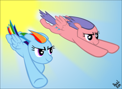 Size: 1100x800 | Tagged: safe, artist:ninjapaul, firefly, rainbow dash, pegasus, pony, g1, flying