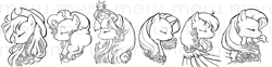 Size: 969x239 | Tagged: safe, artist:meru, derpibooru import, applejack, fluttershy, pinkie pie, rainbow dash, rarity, twilight sparkle, earth pony, pegasus, pony, unicorn, black and white, bust, elements of harmony, grayscale, lineart, mane six, portrait, profile