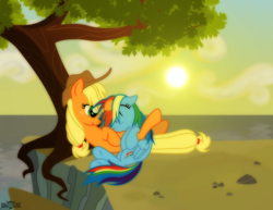 Size: 1980x1530 | Tagged: safe, artist:rangelost, derpibooru import, applejack, rainbow dash, earth pony, pegasus, pony, g4, appledash, cuddling, dawn, eyes closed, female, lesbian, ocean, shipping, sun, tree