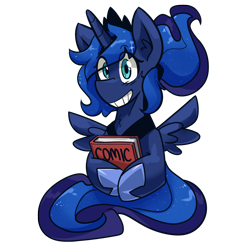 Size: 1600x1600 | Tagged: safe, artist:dracojayproduct, princess luna, alicorn, pony, alternate hairstyle, book, comic book, cute, ear fluff, eye clipping through hair, female, grin, lunabetes, mare, ponytail, simple background, smiling, solo, spread wings, transparent background, wings