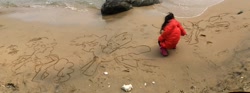 Size: 1600x594 | Tagged: safe, derpibooru import, pinkie pie, rainbow dash, human, beach, drawing, irl, irl human, photo, sand, sand art