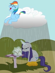 Size: 1500x2000 | Tagged: safe, artist:brony-in-the-shadows, rainbow dash, rarity, pegasus, pony, unicorn, angry, cloud, duo, laughing, prank, rain, sandwich, wet, wet mane, wet mane rarity