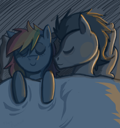 Size: 1353x1440 | Tagged: safe, artist:quasoff, rainbow dash, soarin', pegasus, pony, bed, female, male, shipping, sleeping, soarindash, straight