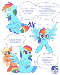 Size: 867x1093 | Tagged: safe, artist:dusty-munji, applejack, rainbow dash, earth pony, pegasus, pony, blushing, duo, female, looking at you, mare, missing accessory, multicolored hair, simple background, sitting, spread wings, white background, wings