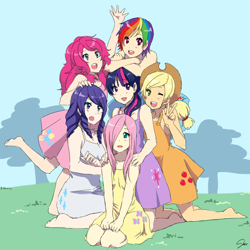 Size: 1000x1000 | Tagged: safe, artist:jen-jen-rose, derpibooru import, applejack, fluttershy, pinkie pie, rainbow dash, rarity, twilight sparkle, human, anime, barefoot, clothes, cute, dress, feet, female, hair over one eye, humanized, k-on, mane six, mane six opening poses, open mouth, peace sign, style emulation