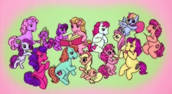 Size: 1874x1025 | Tagged: safe, artist:sukeile, derpibooru import, applejack, bon bon (g1), bright eyes, clover (g1), fluttershy, melody, patch (g1), pinkie pie, rainbow dash, rarity, spike, starlight (g1), sweetheart, twilight sparkle, dragon, earth pony, pegasus, pony, unicorn, g1, my little pony tales, crossover, mane seven