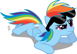 Size: 3000x2127 | Tagged: safe, artist:mlp-scribbles, derpibooru import, rainbow dash, pegasus, pony, lesson zero, prone, simple background, solo, sunglasses, transparent background, unamused, vector