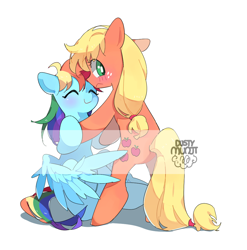 Size: 994x1007 | Tagged: safe, artist:dusty-munji, applejack, rainbow dash, earth pony, pegasus, pony, appledash, bipedal, blushing, butt touch, duo, eyes closed, feathermarking, female, lesbian, looking back, never doubt tchernobog's involvement, shipping, simple background, watermark, white background