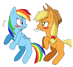 Size: 489x447 | Tagged: safe, artist:ryuu, derpibooru import, applejack, rainbow dash, earth pony, pegasus, pony, appledash, applejack's hat, bipedal, blush sticker, blushing, cowboy hat, female, freckles, hat, lesbian, looking at each other, love letter, mare, missing cutie mark, mouth hold, pixiv, shipping, simple background, tsunderainbow, tsundere, tsunjack, white background