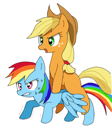 Size: 425x485 | Tagged: safe, artist:ryuu, derpibooru import, applejack, rainbow dash, earth pony, pegasus, pony, exercise, misleading thumbnail, missing cutie mark, pixiv, push-ups, sweat