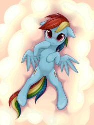 Size: 1000x1333 | Tagged: safe, artist:rainbow, derpibooru import, rainbow dash, pegasus, pony, animated, blinking, both cutie marks, cloud, cute, dashabetes, eye shimmer, female, floppy ears, looking at you, lying, mare, on a cloud, on back, smiling, solo, spread legs, spreading