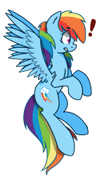 Size: 1212x1920 | Tagged: safe, artist:themodpony, derpibooru import, rainbow dash, pegasus, pony, exclamation point, flying, solo, surprised, wings