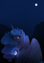 Size: 1053x1519 | Tagged: safe, artist:retromirage, princess luna, alicorn, pony, cute, ear fluff, female, full moon, lunabetes, mare, moon, night, sky, solo, stars