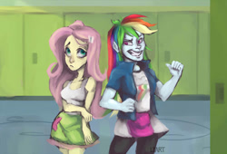 Size: 1100x748 | Tagged: safe, artist:lya, derpibooru import, fluttershy, rainbow dash, equestria girls, colored, digital art, female, flutterdash, lesbian, shipping, standing