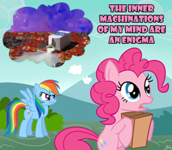 Size: 1378x1200 | Tagged: safe, artist:jackiephantom13, derpibooru import, pinkie pie, rainbow dash, earth pony, pegasus, pony, exploitable meme, milk, parody, spilled milk, spongebob squarepants, the inner machinations of my mind are an enigma, the secret box, thought bubble