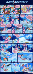 Size: 1155x2545 | Tagged: safe, artist:sorcerushorserus, derpy hooves, firefly, rainbow dash, rarity, surprise, pegasus, pony, unicorn, comic:dash academy, g1, clothes, comic, female, g1 to g4, generation leap, hat, mare, ponyville, scarf, sled, snow, winter