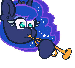 Size: 250x227 | Tagged: safe, artist:threetwotwo32232, princess luna, alicorn, pony, animated, doot, female, gif, mare, meme, musical instrument, skull trumpet, solo, trumpet