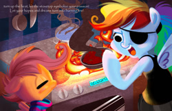 Size: 1275x825 | Tagged: safe, artist:bunnimation, derpibooru import, rainbow dash, scootaloo, pegasus, pony, cooking, crossover, eyepatch, fire, food, frisk, friskaloo, knife, meatballs, open mouth, pasta, rainbowdyne, smoke, spaghetti, stove, undertale, undyne