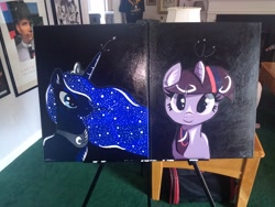 Size: 4160x3120 | Tagged: safe, artist:annuthecatgirl, princess luna, twilight sparkle, alicorn, pony, unicorn, painting, traditional art