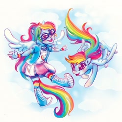 Size: 716x720 | Tagged: safe, artist:busterella, rainbow dash, equestria girls, flying, glasses, ponied up, rainbow dork, square crossover