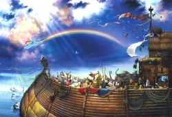 Size: 640x437 | Tagged: safe, rainbow dash, pegasus, pony, animal, bible, boat, rainbow, religion