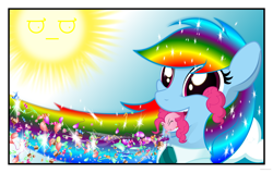 Size: 5126x3261 | Tagged: safe, artist:randomlywhimsical, derpibooru import, pinkie pie, rainbow dash, earth pony, pegasus, pony, look of disapproval, lsd, sun, wat