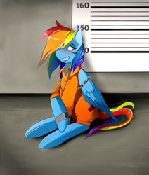 Size: 1100x1300 | Tagged: safe, artist:skyeypony, derpibooru import, rainbow dash, pegasus, pony, blushing, bound wings, chains, clothes, embarrassed, prison, prison outfit, prisoner rd, shackles, smiling, solo