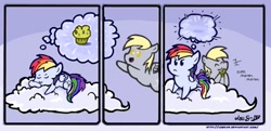 Size: 1284x622 | Tagged: safe, artist:loukaw, derpy hooves, rainbow dash, pegasus, pony, cartoon physics, chibi, cloud, comic, dream, female, mare, muffin