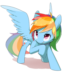 Size: 1280x1388 | Tagged: safe, artist:30clock, derpibooru import, rainbow dash, pegasus, pony, backwards cutie mark, female, grin, mare, raised hoof, simple background, smiling, smirk, solo, spread wings, white background