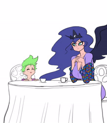 Size: 3054x3508 | Tagged: safe, artist:franschesco, princess luna, spike, human, alicorn humanization, breasts, eyes closed, food, horn, horned humanization, human spike, humanized, implied shipping, implied spiluna, open mouth, princess balloona, sitting, tea, winged humanization, wings