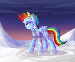 Size: 3800x3154 | Tagged: safe, artist:vanillaghosties, derpibooru import, rainbow dash, pegasus, pony, armor, bandage, gritted teeth, profile, solo, wind, winter