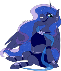 Size: 1153x1351 | Tagged: safe, alternate version, artist:mythpony, princess luna, alicorn, pony, belly dancer, clothes, ear piercing, female, mare, piercing, see-through, signature, simple background, spread wings, transparent background, wings