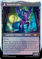 Size: 744x1039 | Tagged: safe, artist:john thacker, princess luna, alicorn, pony, friendship is magic, female, full moon, hoof shoes, magic the gathering, mare, mare in the moon, moon, official, ponies the galloping, raised hoof, s1 luna, solo, trading card