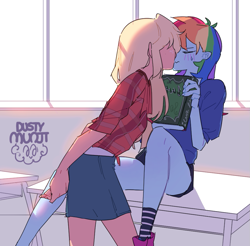 Size: 919x903 | Tagged: safe, artist:dusty-munji, applejack, rainbow dash, equestria girls, appledash, book, classroom, clothes, duo, eyes closed, female, kissing, lesbian, multicolored hair, shipping, shorts, sitting