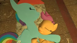 Size: 1920x1080 | Tagged: safe, rainbow dash, scootaloo, pegasus, pony, 3d, gmod, hug, scootalove, sleeping