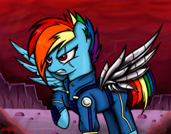 Size: 2546x2000 | Tagged: safe, artist:godoffury, derpibooru import, rainbow dash, pegasus, pony, alternate timeline, amputee, apocalypse dash, augmented, crystal war timeline, prosthetic limb, prosthetic wing, prosthetics, scar, solo