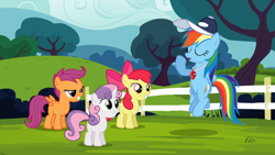 Size: 1920x1080 | Tagged: safe, screencap, apple bloom, rainbow dash, scootaloo, sweetie belle, pegasus, pony, flight to the finish, coach, cutie mark crusaders, hat, wallpaper, whistle