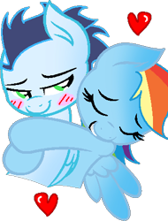 Size: 335x440 | Tagged: safe, artist:joey darkmeat, artist:rainbowrhainbowh, rainbow dash, soarin', pegasus, pony, blushing, female, hug, male, shipping, soarindash, straight, trace