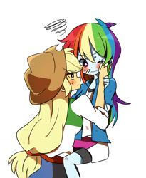 Size: 833x1017 | Tagged: safe, artist:lotte, derpibooru import, applejack, rainbow dash, equestria girls, appledash, bandage, blushing, female, lesbian, pixiv, shipping