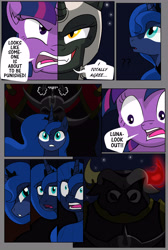 Size: 4500x6701 | Tagged: safe, artist:cactuscowboydan, artist:mlp-cam, princess luna, twilight sparkle, twilight sparkle (alicorn), oc, oc:fallenlight, alicorn, bull, pony, comic:curse and madness, armor, comic, evil grin, female, glowing horn, grin, helmet, horn, imminent doom, intimidating, mare, mlpcam, smiling, text bubbles