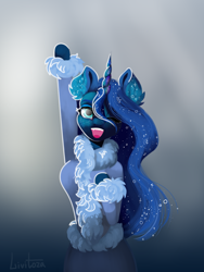 Size: 3096x4128 | Tagged: safe, artist:livitoza, princess luna, alicorn, anthro, arm hooves, breasts, clothes, coat, fangs, female, freckles, looking at you, mare, one eye closed, open mouth, princess balloona, smiling, solo, sweater, wink