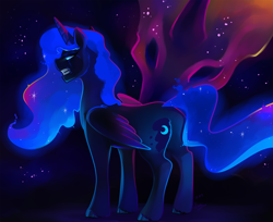 Size: 2300x1874 | Tagged: safe, artist:mylittlegodzilla, princess luna, tantabus, alicorn, pony, creature, from behind, glowing mane, magic, sad, solo