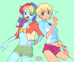 Size: 923x769 | Tagged: safe, artist:dusty-munji, applejack, rainbow dash, equestria girls, bikini, bikini top, clothes, heart, multicolored hair, shorts, smiling, swimsuit