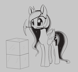 Size: 1907x1757 | Tagged: safe, artist:dusthiel, princess luna, alicorn, pony, block, ethereal mane, female, grayscale, inktober, inktober 2019, mare, minecraft, minkreft, monochrome, mouth hold, pickaxe, solo, starry mane